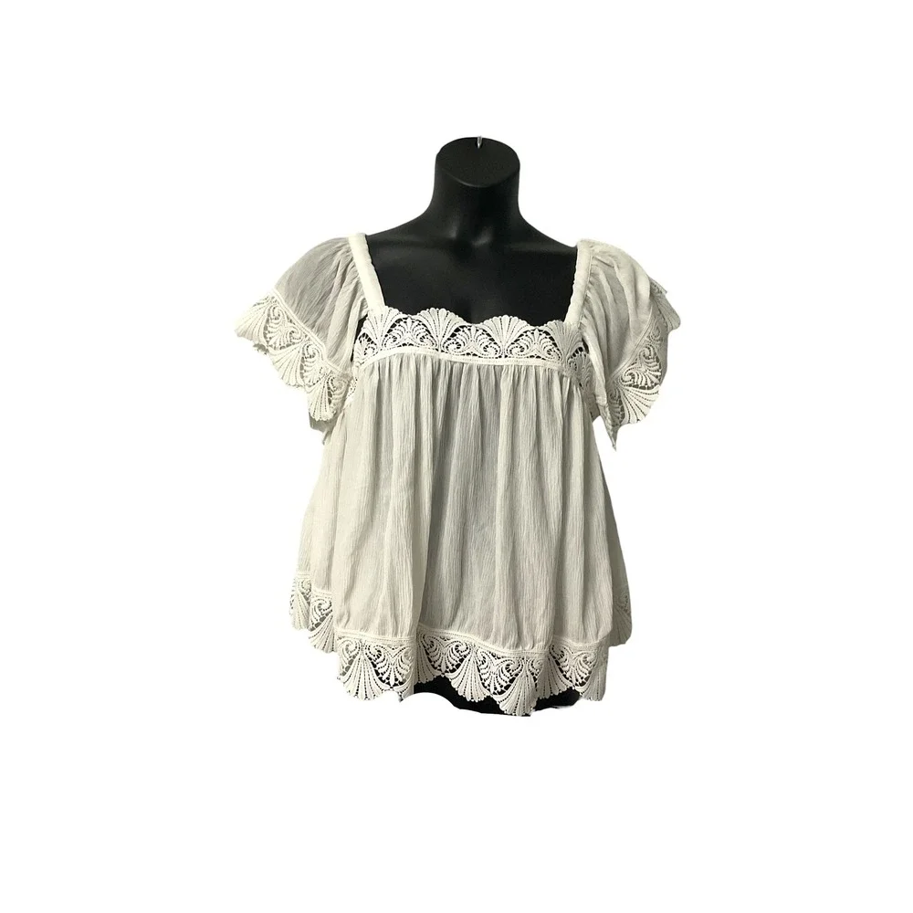 A'EWSTA White Lace Trim Babydoll Blouse Butterfly Sleeve‎ Square Neck XL US 12